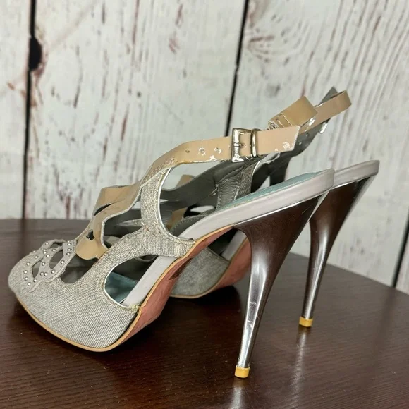 KG KURT GEIGER DENIM, Calf, PATENT Leather Laser Cut Studded heeled Sandals 37 - Picture 9 of 16